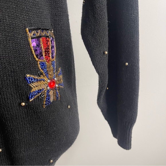 Vintage 1990s Celina Yang Black Sweater w Sequin Epaulets SP Petite Small Pearls - Picture 4 of 11